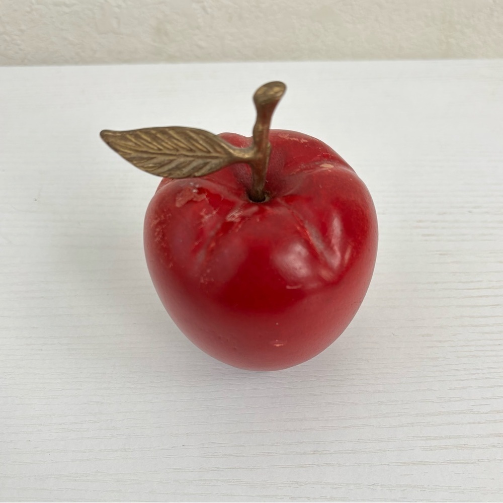Vintage Brass & Wooden Red Apple with Stem and Leaf